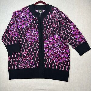 Bob Mackie Cardigan Womens 1X Black Floral Wearable Art Zip A94196 EUC